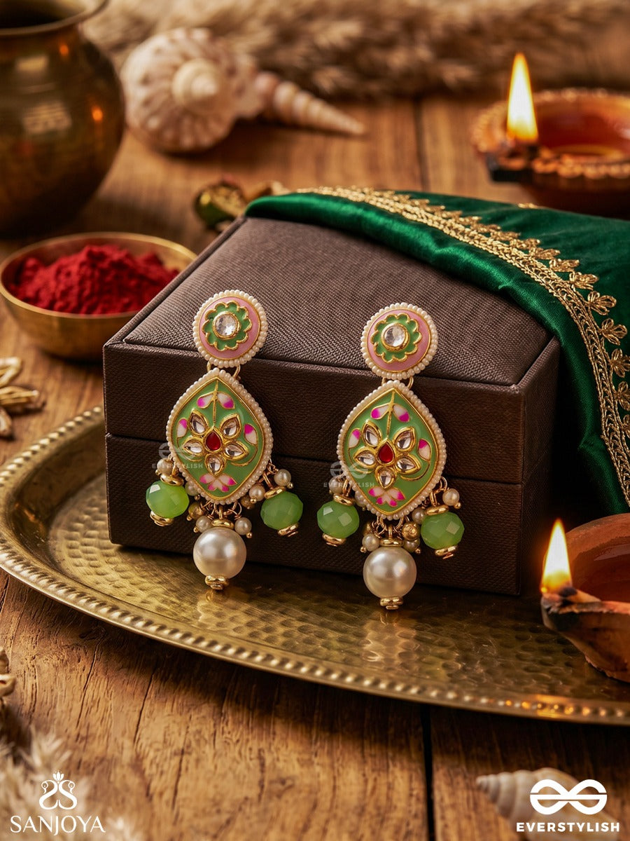 Haritrina - Verdant Beauty - Kundan Dainty Golden Earrings With Handcrafted Floral Enamel Work