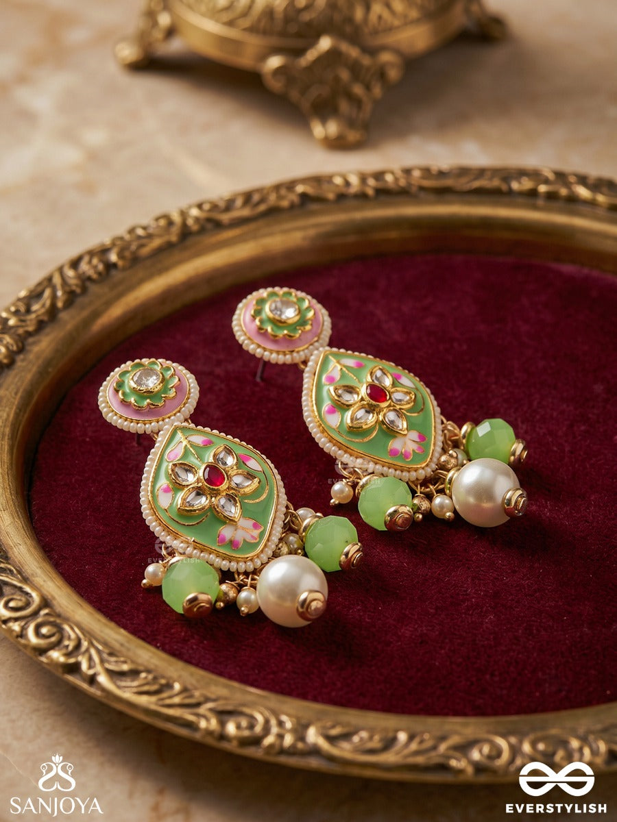 Haritrina - Verdant Beauty - Kundan Dainty Golden Earrings With Handcrafted Floral Enamel Work