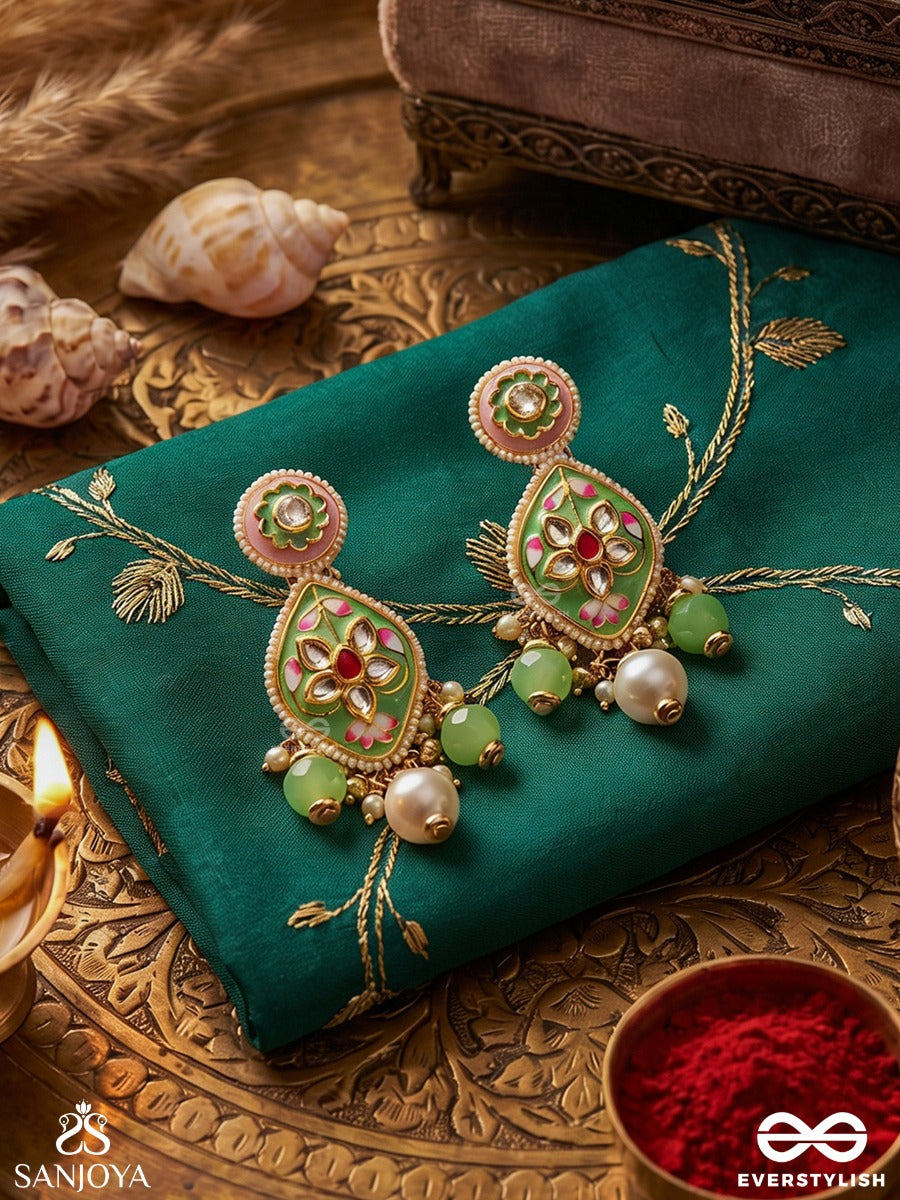 Haritrina - Verdant Beauty - Kundan Dainty Golden Earrings With Handcrafted Floral Enamel Work