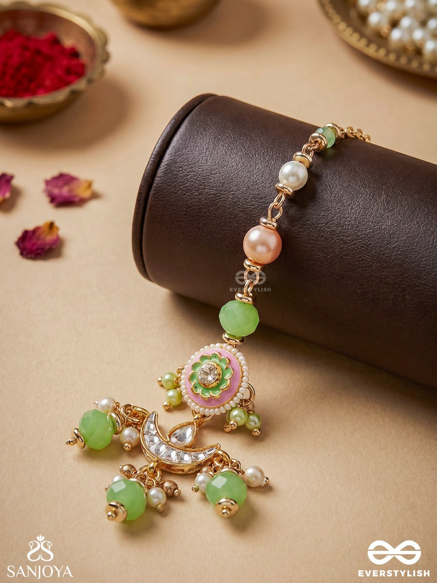 Haritrina - Verdant Beauty - Kundan Dainty Golden Maangtika With Handcrafted Floral Enamel Work
