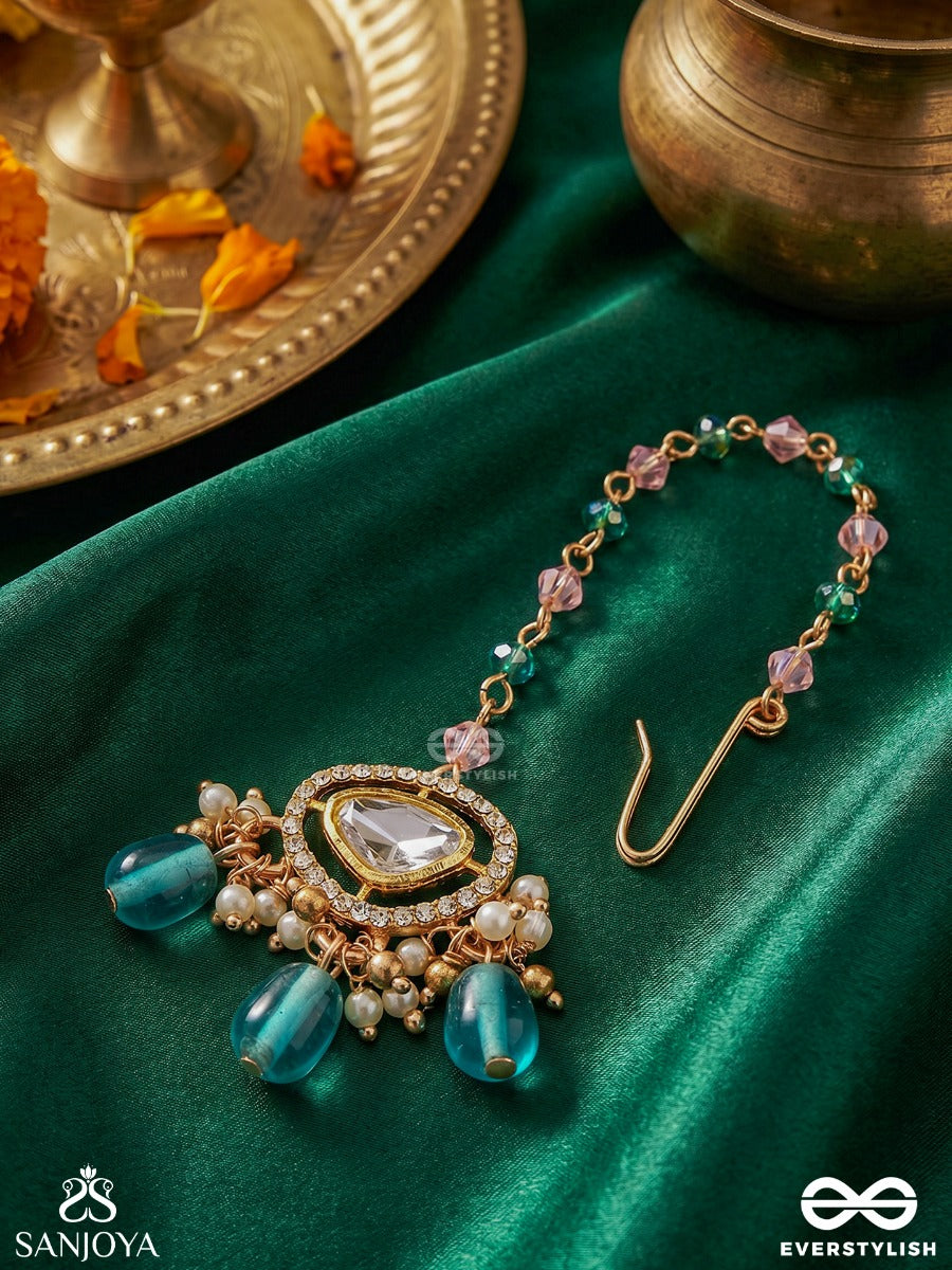 Indraneela - Blue Sapphire Glow - Royal Kundan Polki Maangtika With Sparkling Teal Gemstones