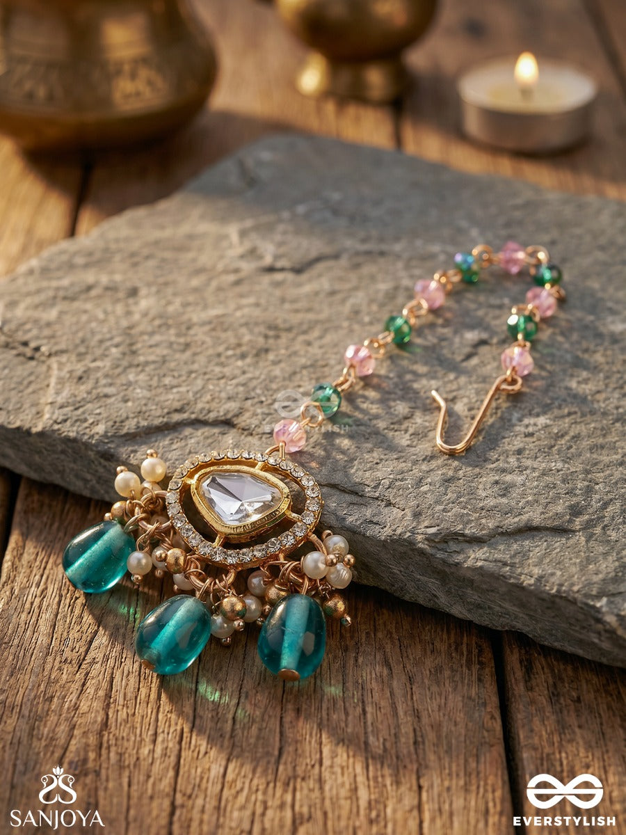 Indraneela - Blue Sapphire Glow - Royal Kundan Polki Maangtika With Sparkling Teal Gemstones
