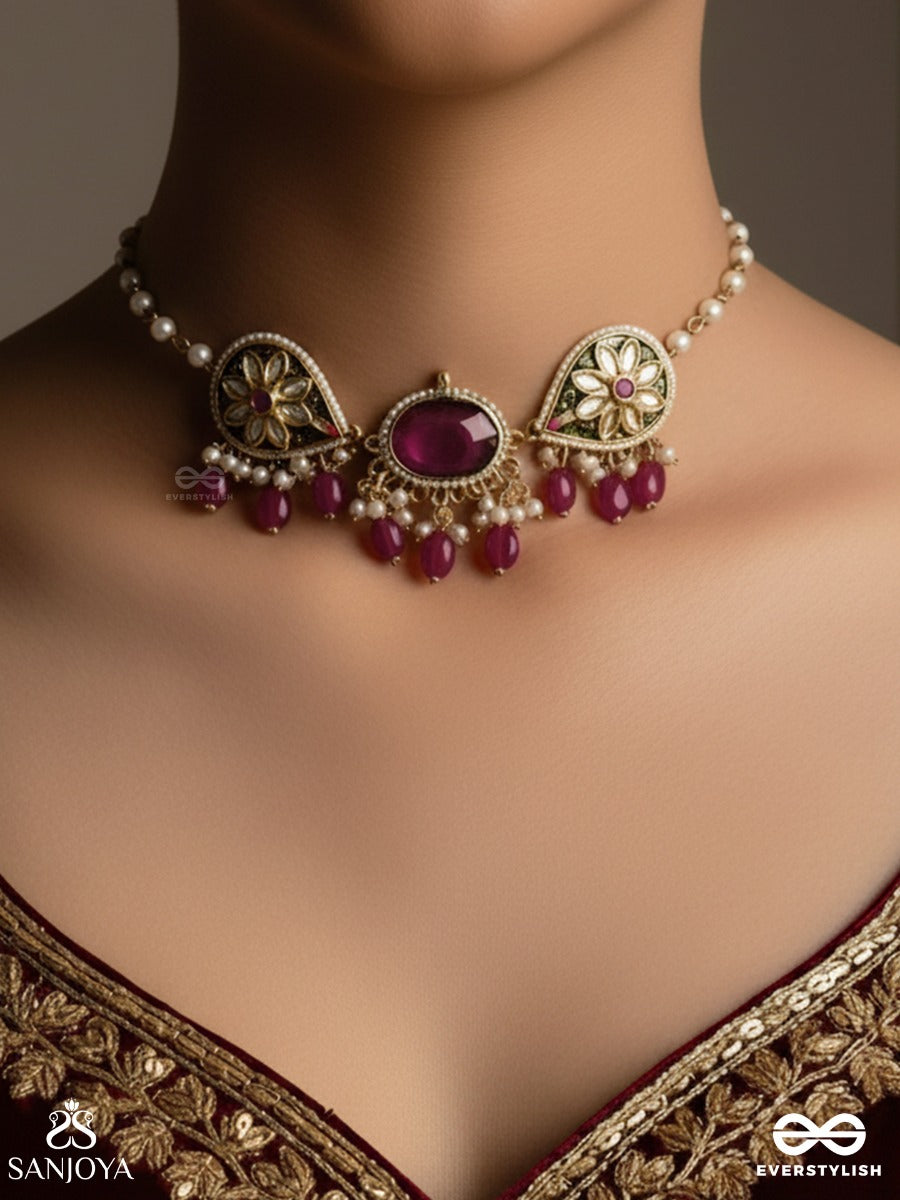 Sindurini - Vermilion Grace - Statement Kundan Polki Necklace With Red Gemstones And Enamel Accents