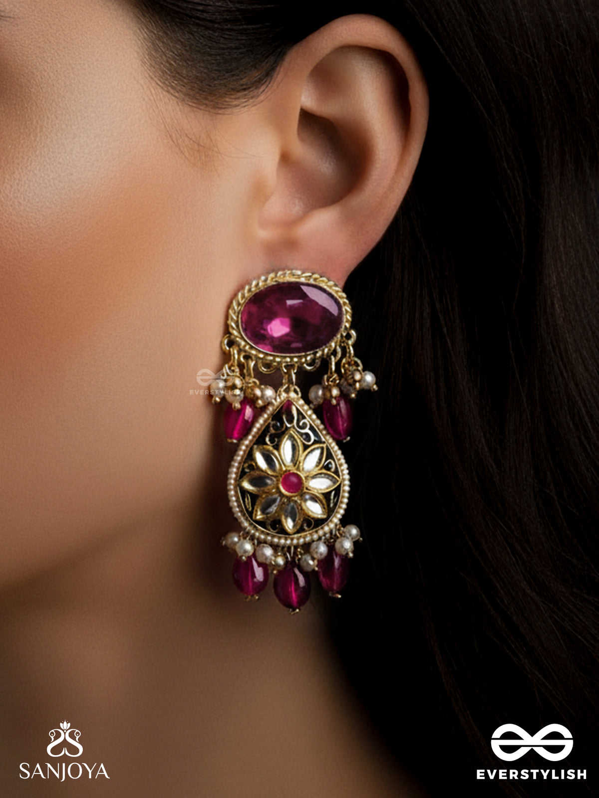 Sindurini - Vermilion Grace - Statement Kundan Polki Earrings With Red Gemstones And Enamel Accents
