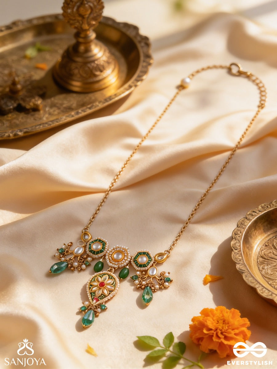 Jalnidhi - Ocean's Treasure - Handcrafted Kundan Necklace With Green Gemstones And Golden Details