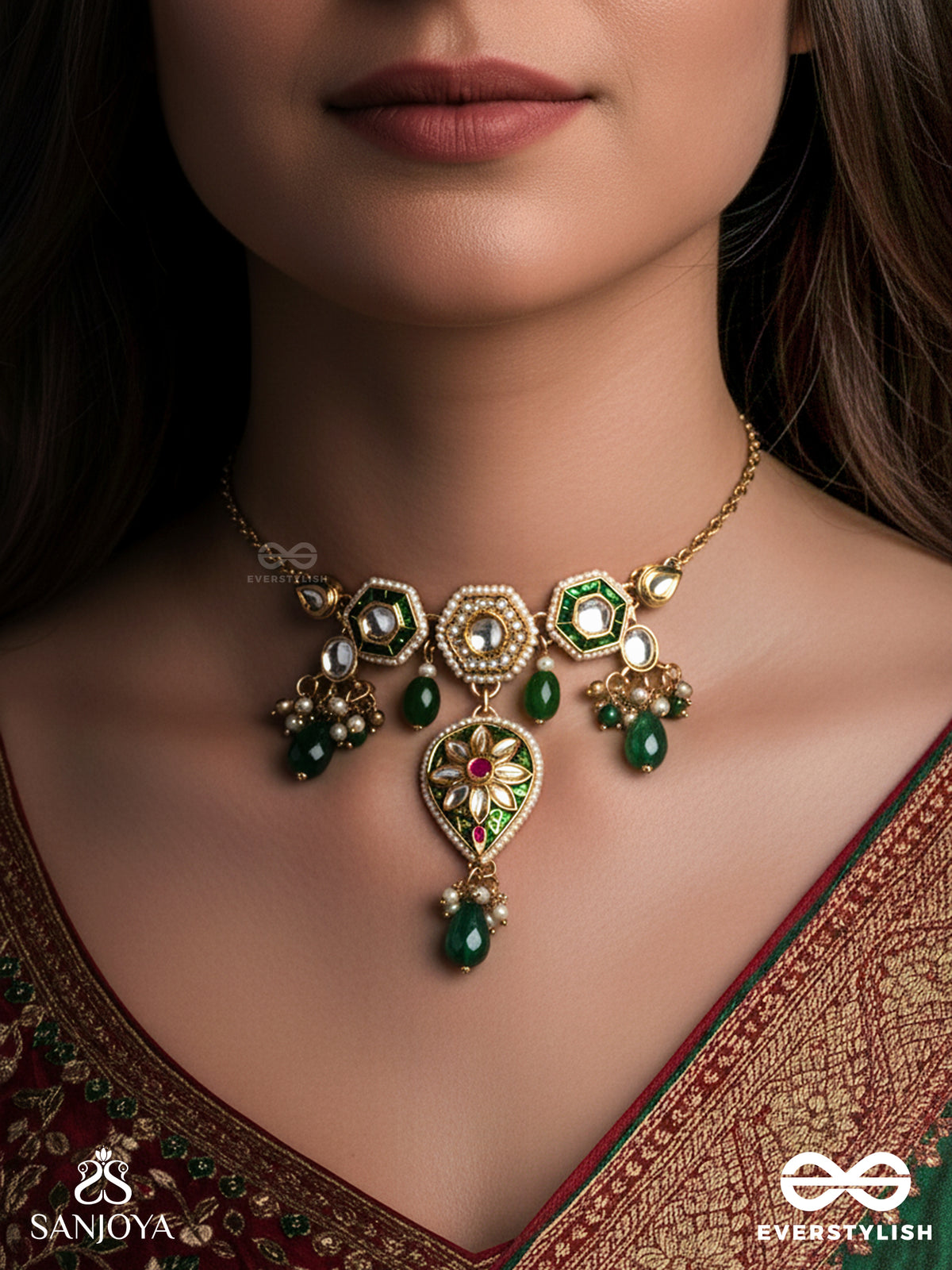 Jalnidhi - Ocean's Treasure - Handcrafted Kundan Necklace With Green Gemstones And Golden Details