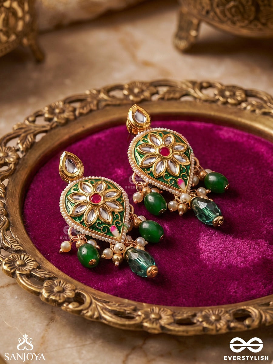 Jalnidhi - Ocean's Treasure - Handcrafted Kundan Earrings With Green Gemstones And Golden Details