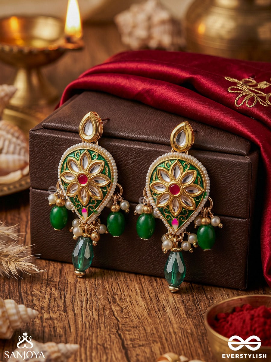 Jalnidhi - Ocean's Treasure - Handcrafted Kundan Earrings With Green Gemstones And Golden Details
