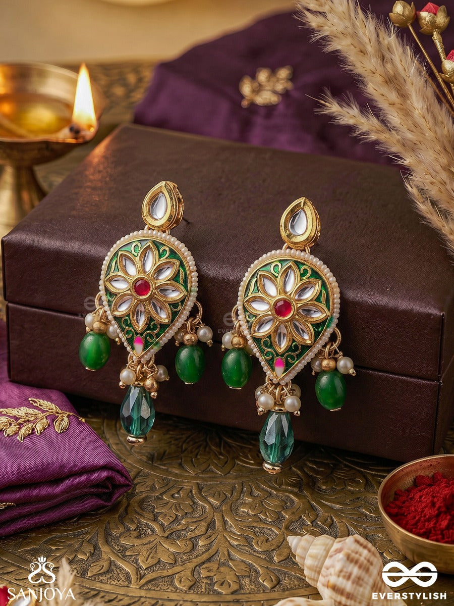 Jalnidhi - Ocean's Treasure - Handcrafted Kundan Earrings With Green Gemstones And Golden Details