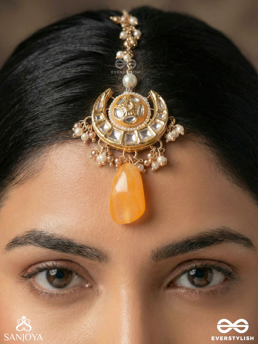 Arunindu - Crimson Moon - Ornate Maangtika With Crescent Motif And Coral Drop Accent