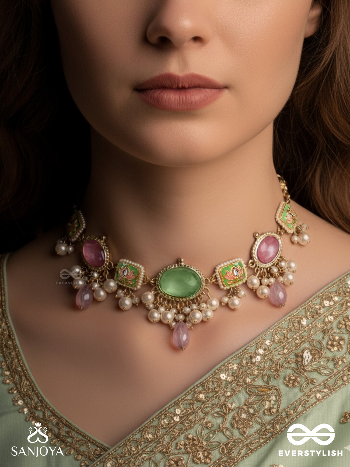 Mrinalika - Lotus Petal - Graceful Enamelled Handcrafted Kundan Necklace With Soft Pastel Gemstones