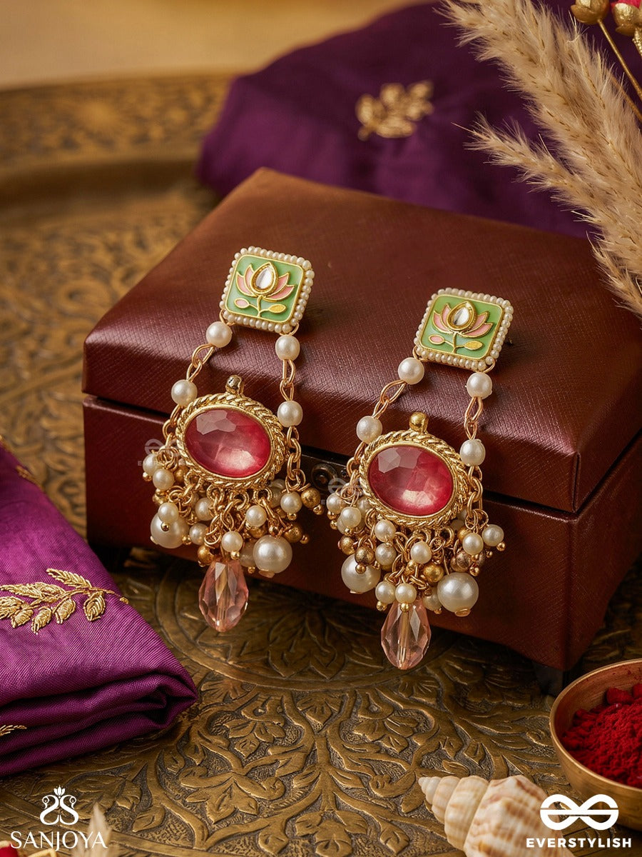 Mrinalika - Lotus Petal - Graceful Enamelled Handcrafted Kundan Earrings With Soft Pastel Gemstones