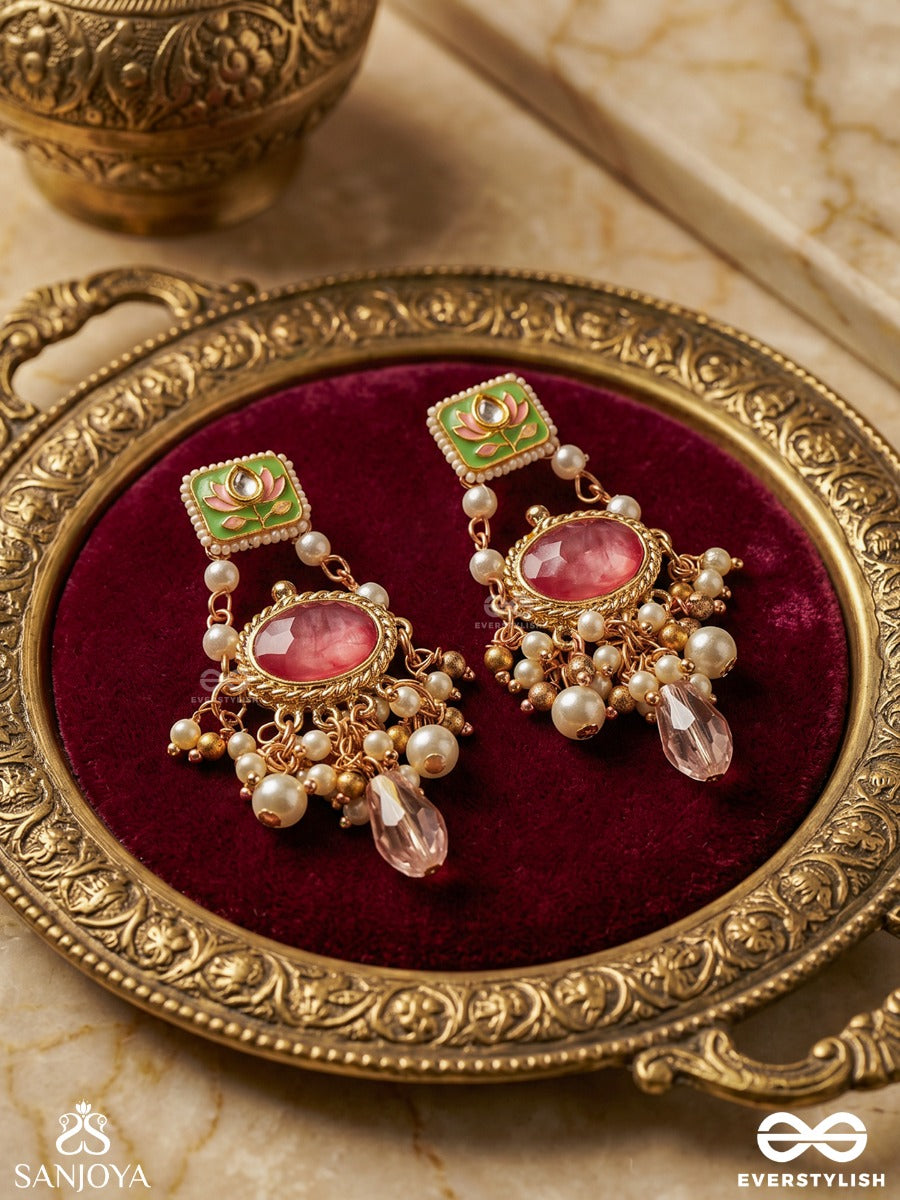 Mrinalika - Lotus Petal - Graceful Enamelled Handcrafted Kundan Earrings With Soft Pastel Gemstones