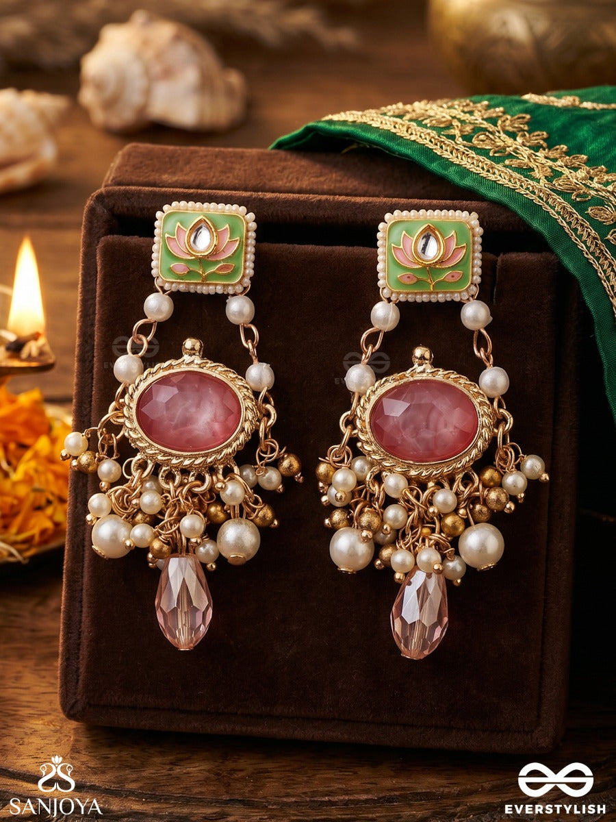 Mrinalika - Lotus Petal - Graceful Enamelled Handcrafted Kundan Earrings With Soft Pastel Gemstones