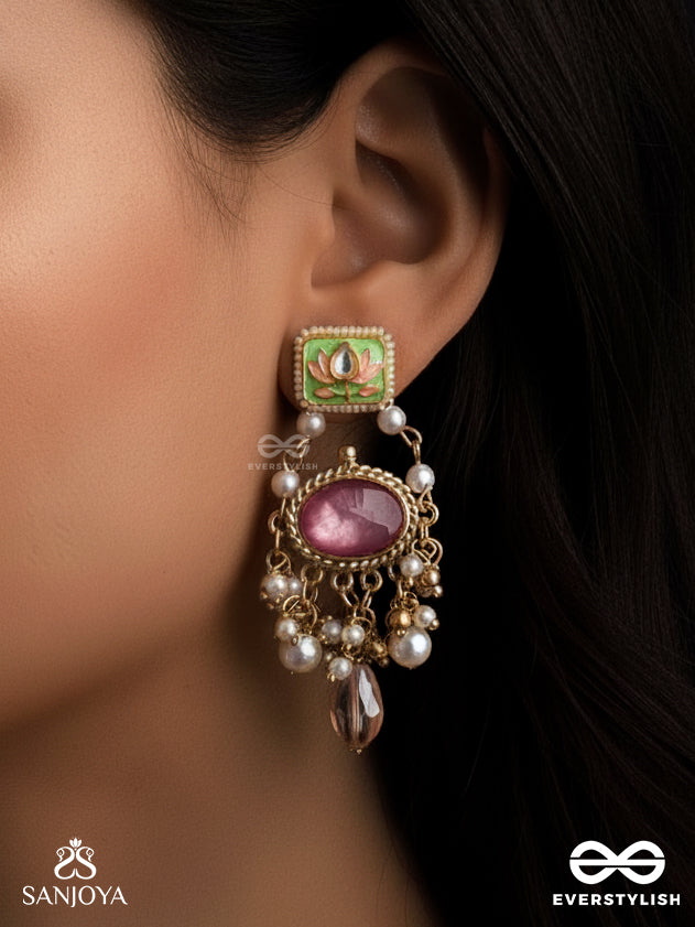 Mrinalika - Lotus Petal - Graceful Enamelled Handcrafted Kundan Earrings With Soft Pastel Gemstones