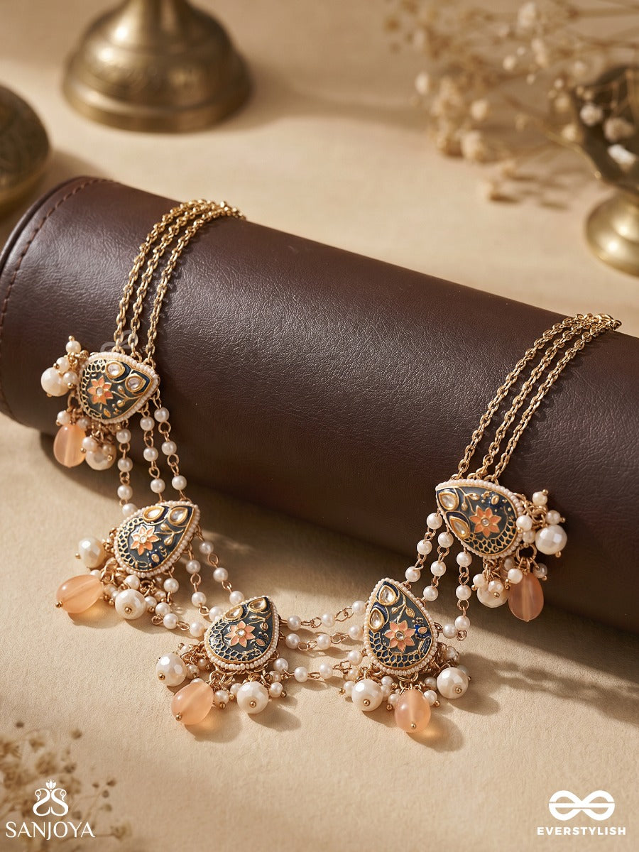 Sandhyapriya - Lover Of Dusk - Exquisite Golden Enamelled Kundan Necklace With Lustrous Orange Gem Drops