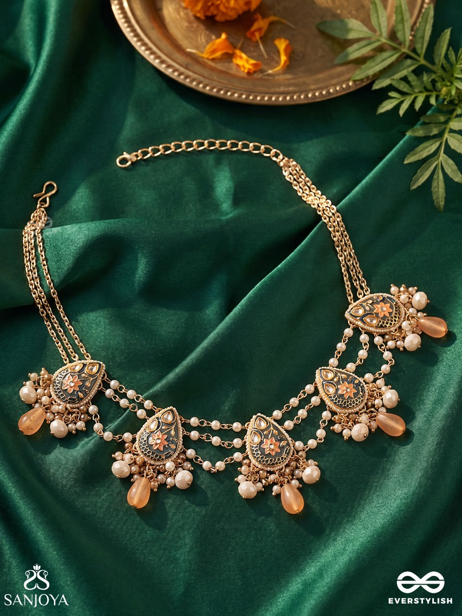 Sandhyapriya - Lover Of Dusk - Exquisite Golden Enamelled Kundan Necklace With Lustrous Orange Gem Drops