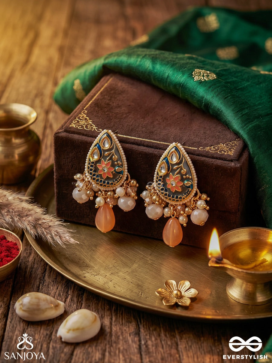 Sandhyapriya - Lover Of Dusk - Exquisite Golden Enamelled Kundan Earrings With Lustrous Orange Gem Drops