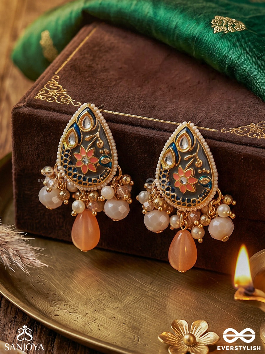 Sandhyapriya - Lover Of Dusk - Exquisite Golden Enamelled Kundan Earrings With Lustrous Orange Gem Drops