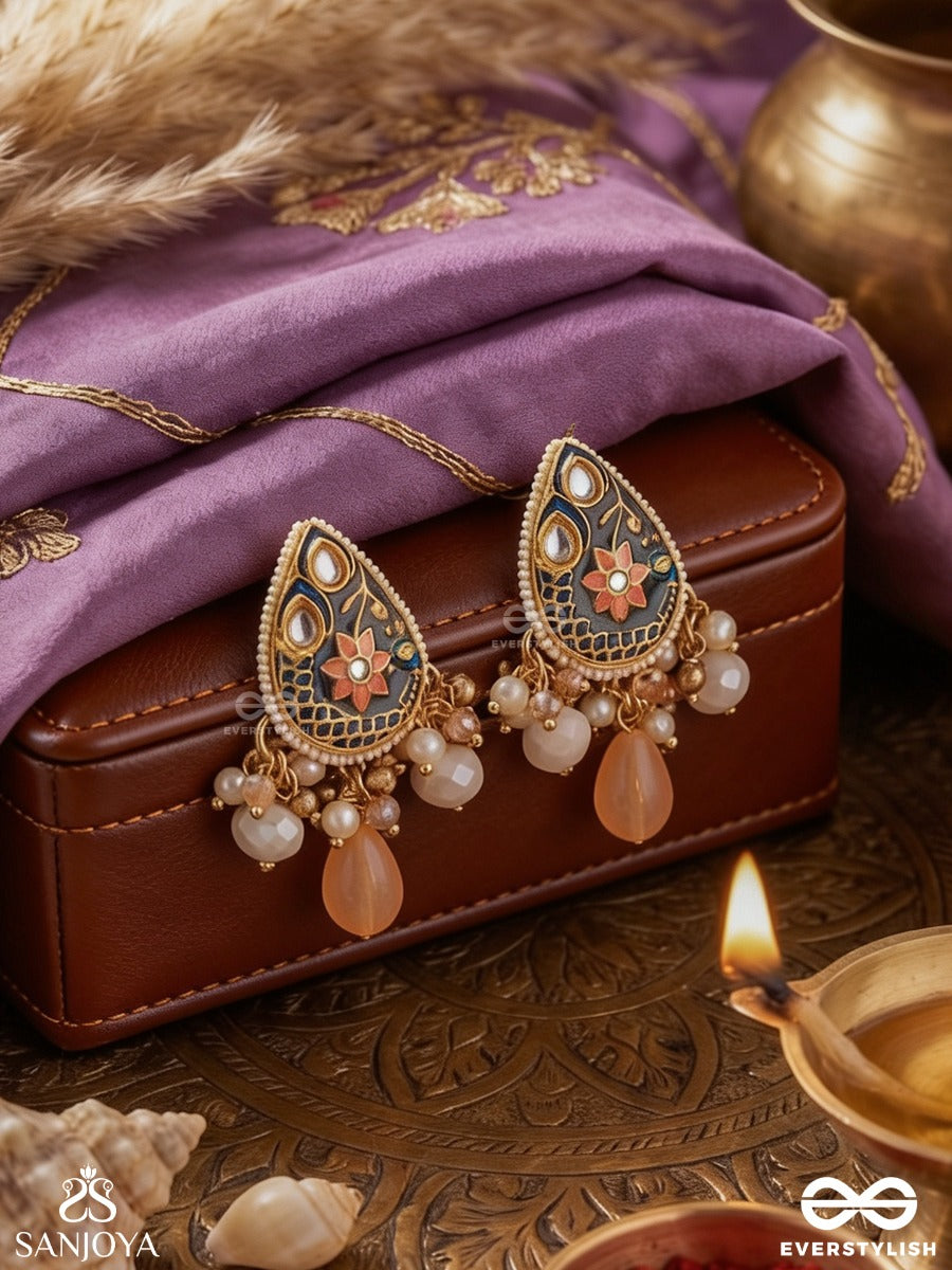 Sandhyapriya - Lover Of Dusk - Exquisite Golden Enamelled Kundan Earrings With Lustrous Orange Gem Drops