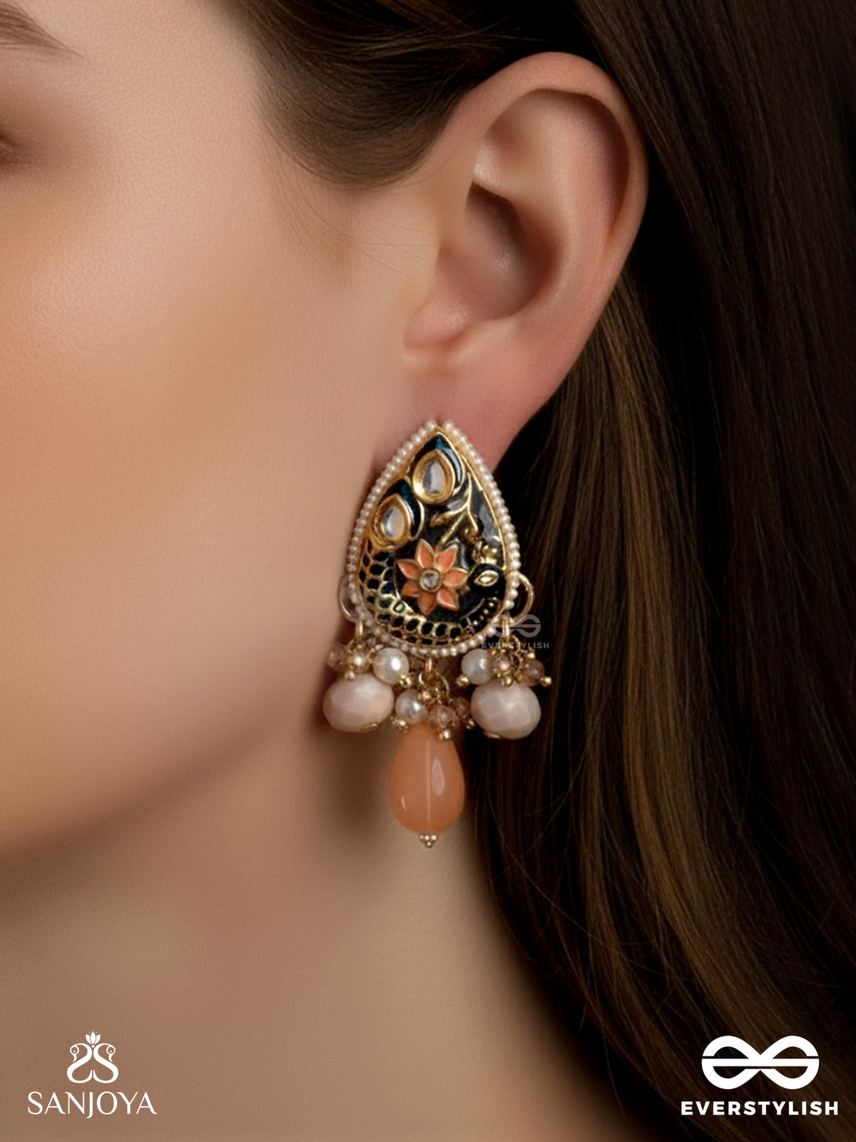 Sandhyapriya - Lover Of Dusk - Exquisite Golden Enamelled Kundan Earrings With Lustrous Orange Gem Drops