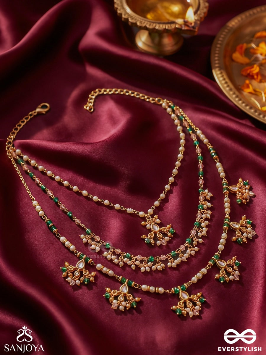 Varshalekha - Rainfall Strokes - Royal Heritage Multi-Strand Kundan Necklace With Pearl Strings And Polki Drops