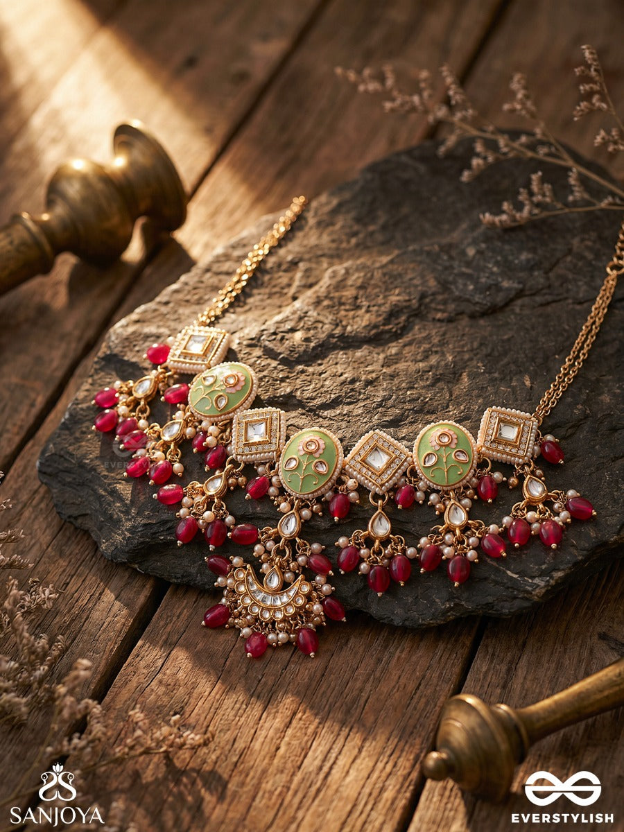Pushpalekha - Strokes Of Flowers - Intricate Floral Enamelled Kundan Necklace With Ruby Beads