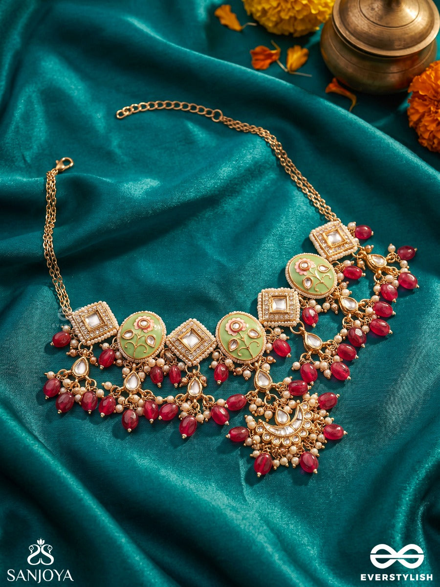 Pushpalekha - Strokes Of Flowers - Intricate Floral Enamelled Kundan Necklace With Ruby Beads