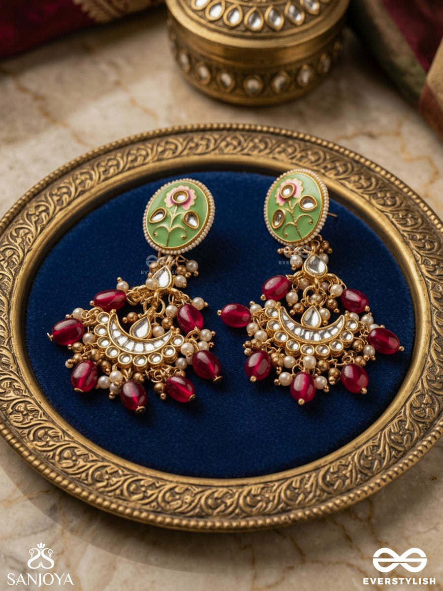 Pushpalekha - Strokes Of Flowers - Intricate Floral Enamelled Kundan Earrings With Ruby Beads
