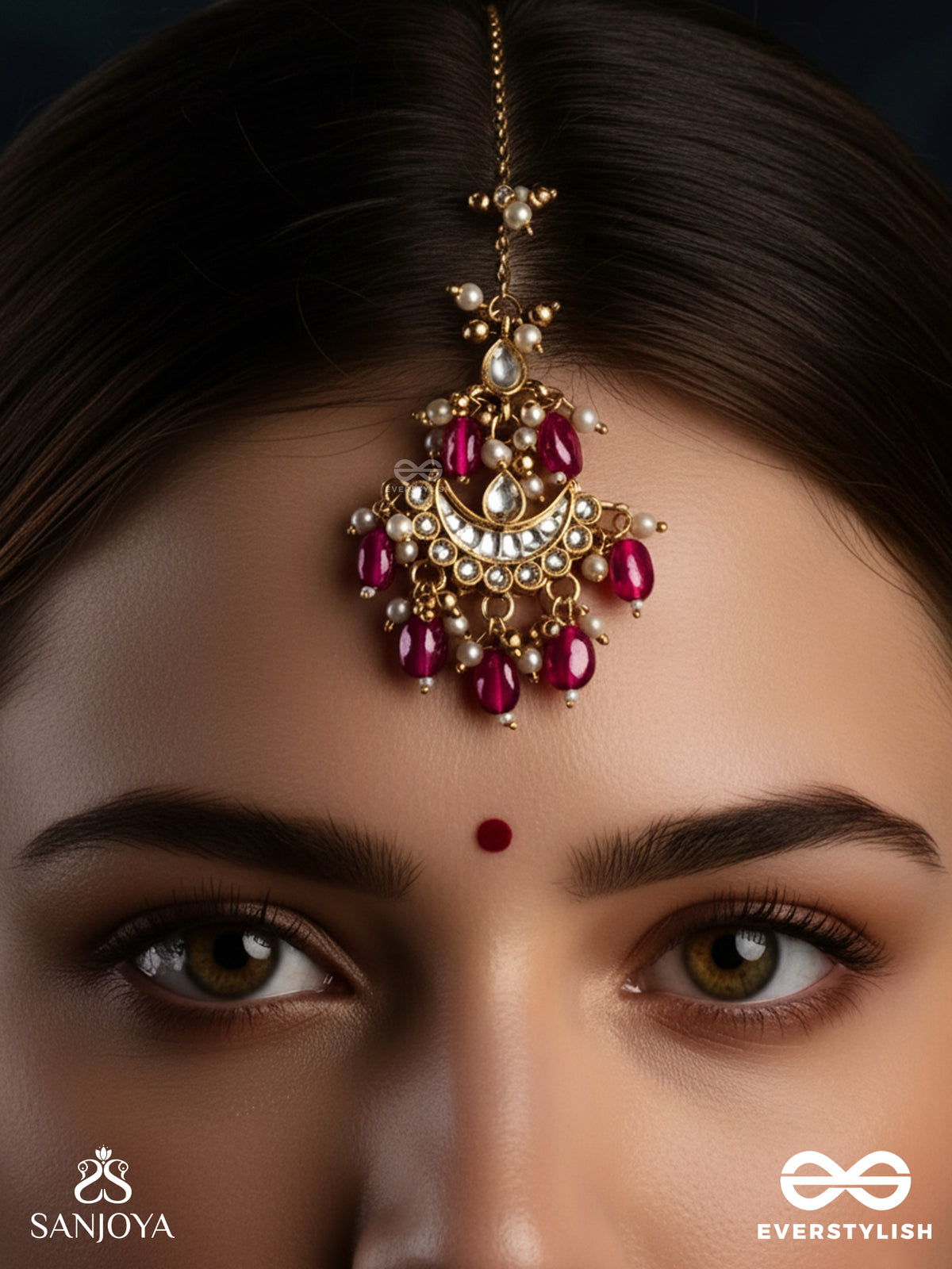 Pushpalekha - Strokes Of Flowers - Intricate Floral Enamelled Kundan Maangtika With Ruby Beads