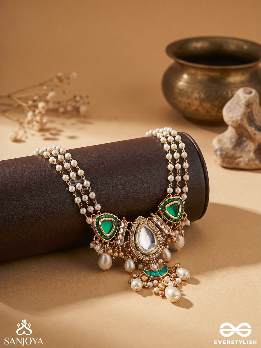 Ratnodya - Rising Gem - Dazzling Kundan Choker With Pearls And Royal Green And Gold Accents