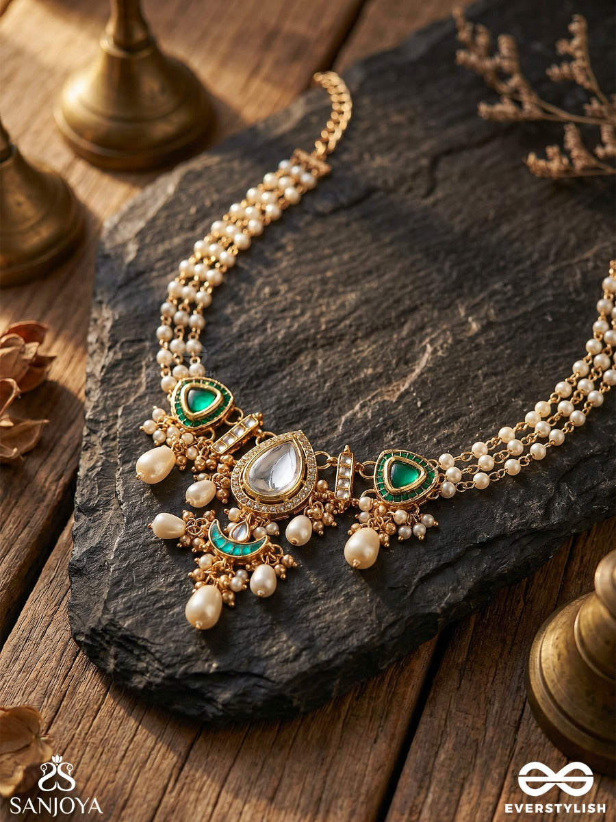 Ratnodya - Rising Gem - Dazzling Kundan Choker With Pearls And Royal Green And Gold Accents