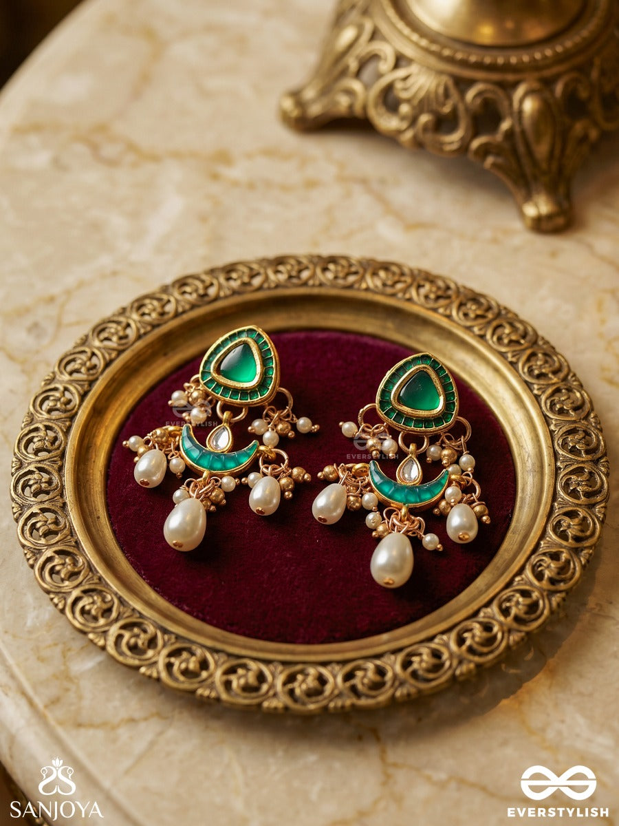Ratnodya - Rising Gem - Dazzling Kundan Earrings With Pearls And Royal Green And Gold Accents
