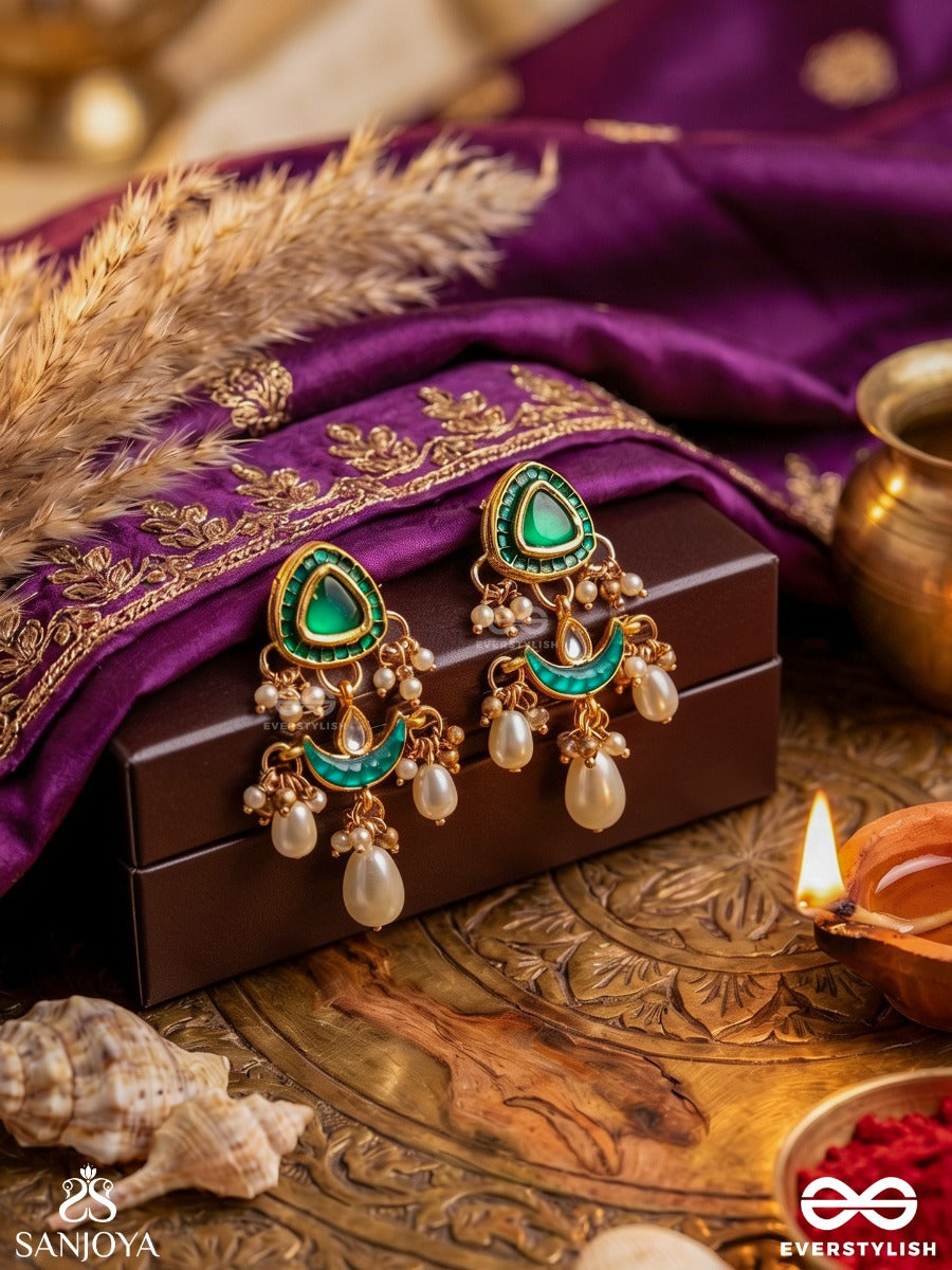 Ratnodya - Rising Gem - Dazzling Kundan Earrings With Pearls And Royal Green And Gold Accents
