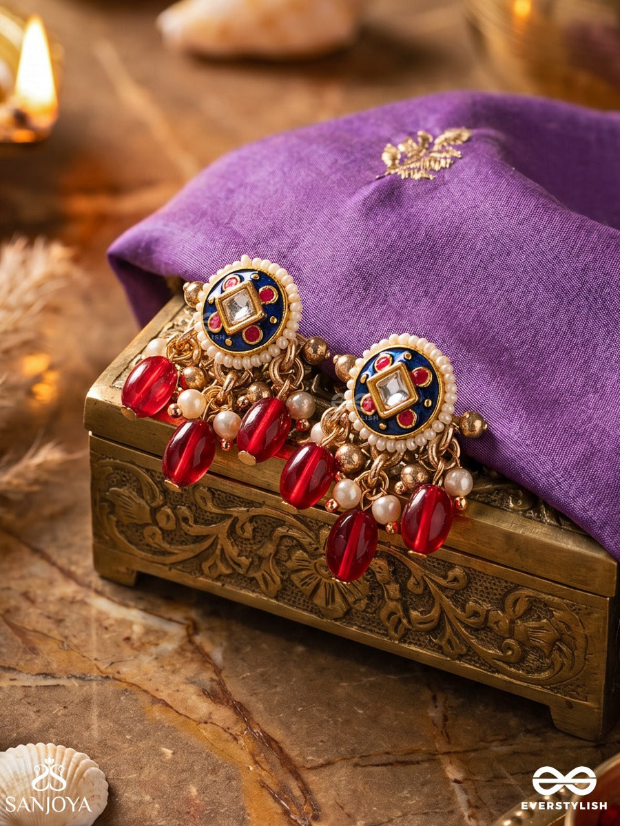Rudraraga - Melody Of Red - Intricate Kundan Earrings With Ruby Beads And Golden Details