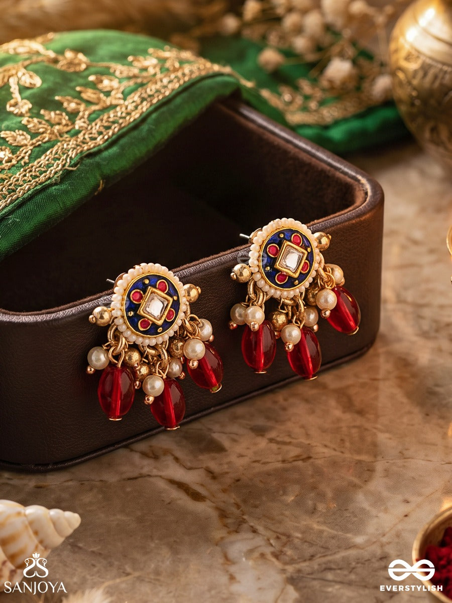 Rudraraga - Melody Of Red - Intricate Kundan Earrings With Ruby Beads And Golden Details