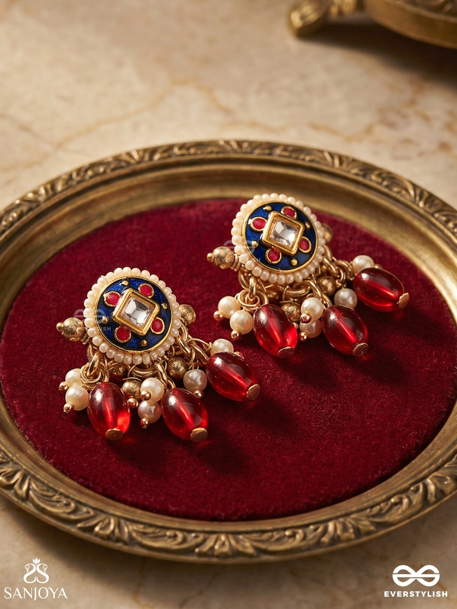 Rudraraga - Melody Of Red - Intricate Kundan Earrings With Ruby Beads And Golden Details