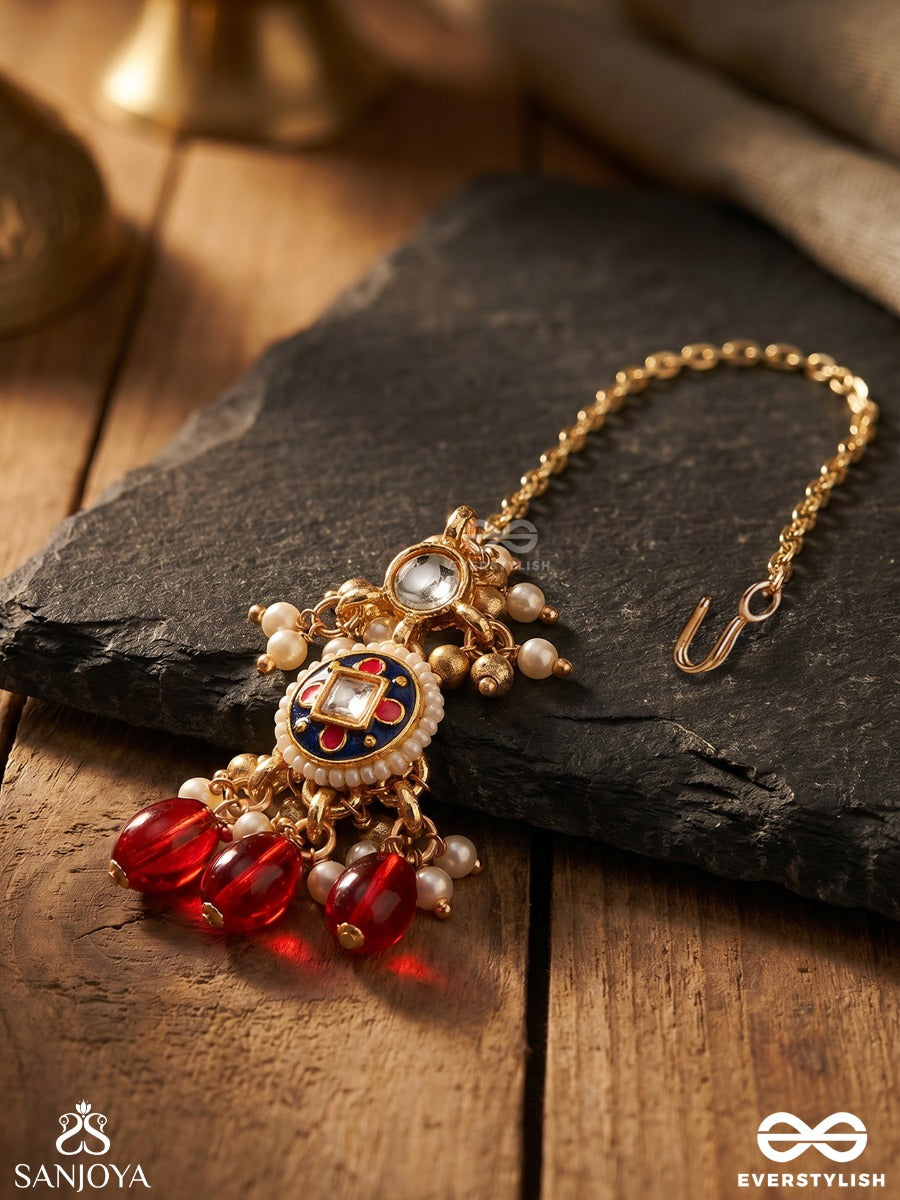 Rudraraga - Melody Of Red - Intricate Kundan Maangtika With Ruby Beads And Golden Details
