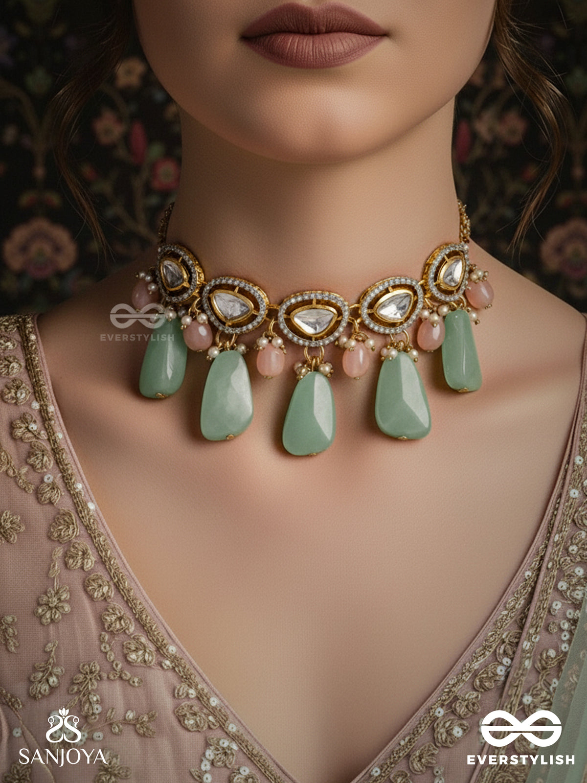 Shitala - Cooling Grace - Classic Green Kundan Polki Choker With Golden Details And Soft Gem Accents