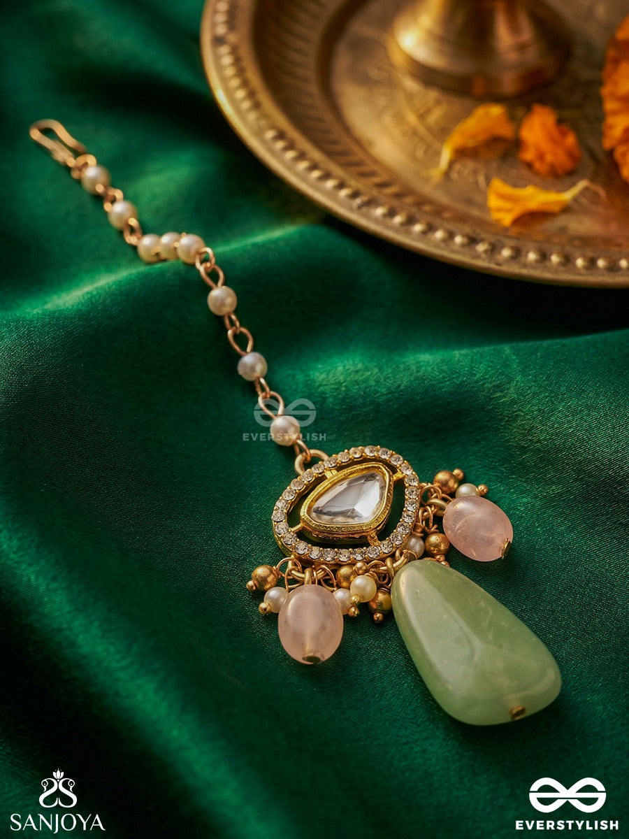 Shitala - Cooling Grace - Classic Green Kundan Polki Maangtika With Golden Details And Soft Gem Accents