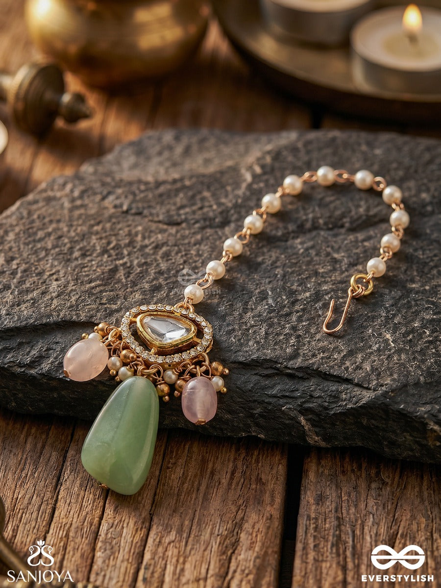 Shitala - Cooling Grace - Classic Green Kundan Polki Maangtika With Golden Details And Soft Gem Accents