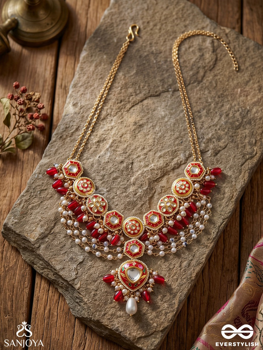 Jwlala - Flame-Like Beauty - Majestic Handcrafted Kundan Necklace With Ornate Red And Golden Details