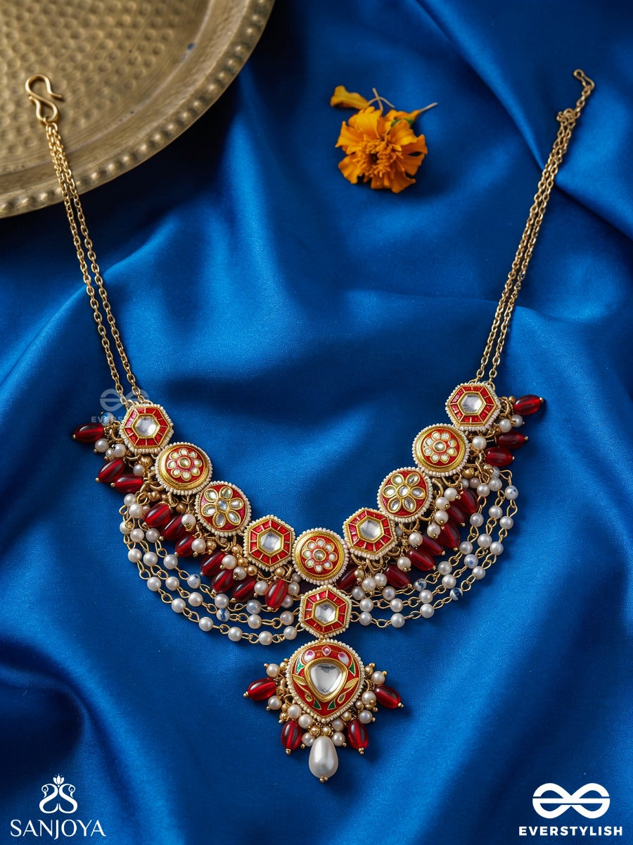 Jwlala - Flame-Like Beauty - Majestic Handcrafted Kundan Necklace With Ornate Red And Golden Details