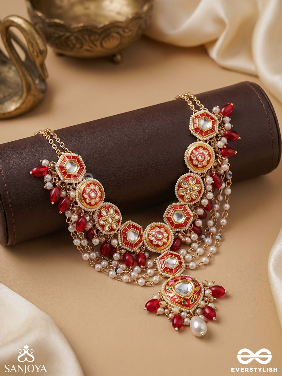 Jwlala - Flame-Like Beauty - Majestic Handcrafted Kundan Necklace With Ornate Red And Golden Details