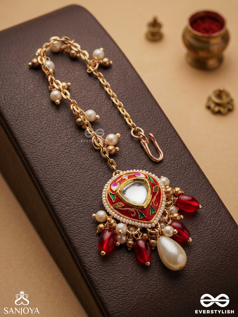 Jwlala - Flame-Like Beauty - Majestic Handcrafted Kundan Maangtika With Ornate Red And Golden Details