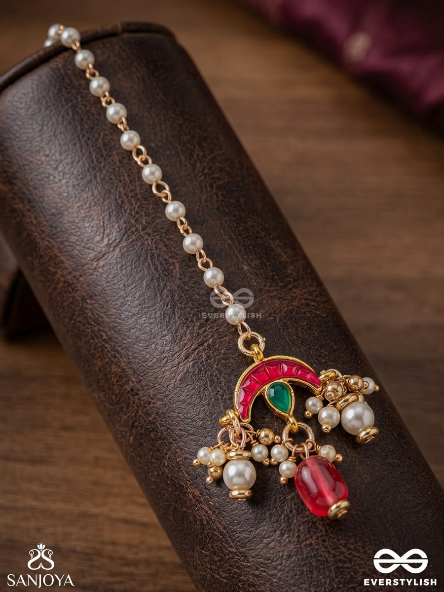 Indulekha - Moon's Beauty - Exquisite Crescent-Motif Kundan Maangtika With Enamel Details And Pearl Drops