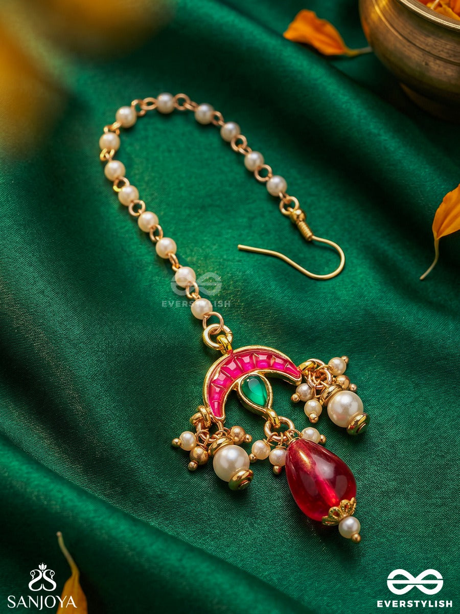 Indulekha - Moon's Beauty - Exquisite Crescent-Motif Kundan Maangtika With Enamel Details And Pearl Drops