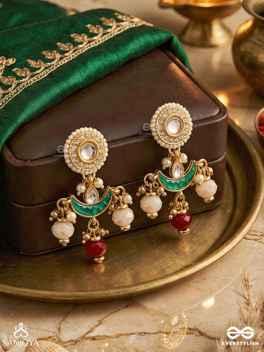 Induraga - Melody Of The Moon - Royal Kundan Earrings With Crescent Motifs And Ruby Drops