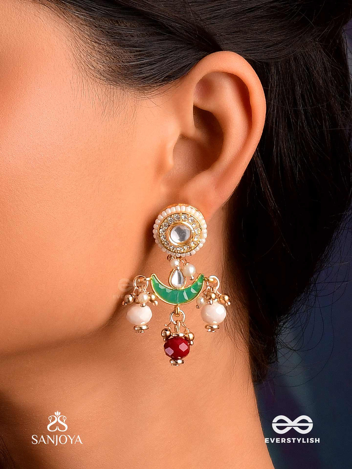 Induraga - Melody Of The Moon - Royal Kundan Earrings With Crescent Motifs And Ruby Drops
