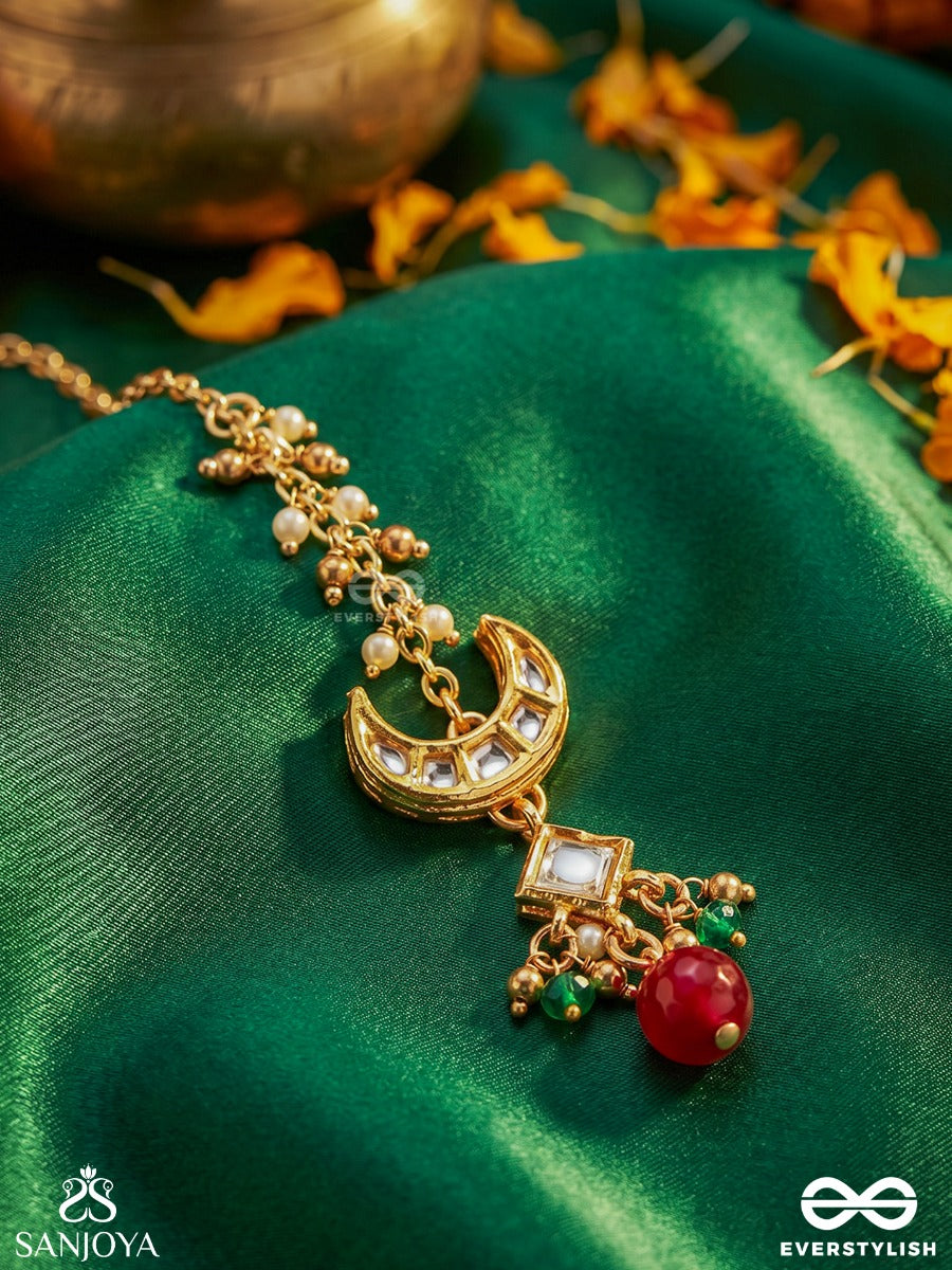 Induraga - Melody Of The Moon - Royal Kundan Maangtika With Crescent Motifs And Ruby Drops